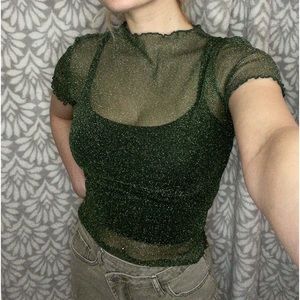 Shein Green Lettuce Trim Glitter Sheer Top